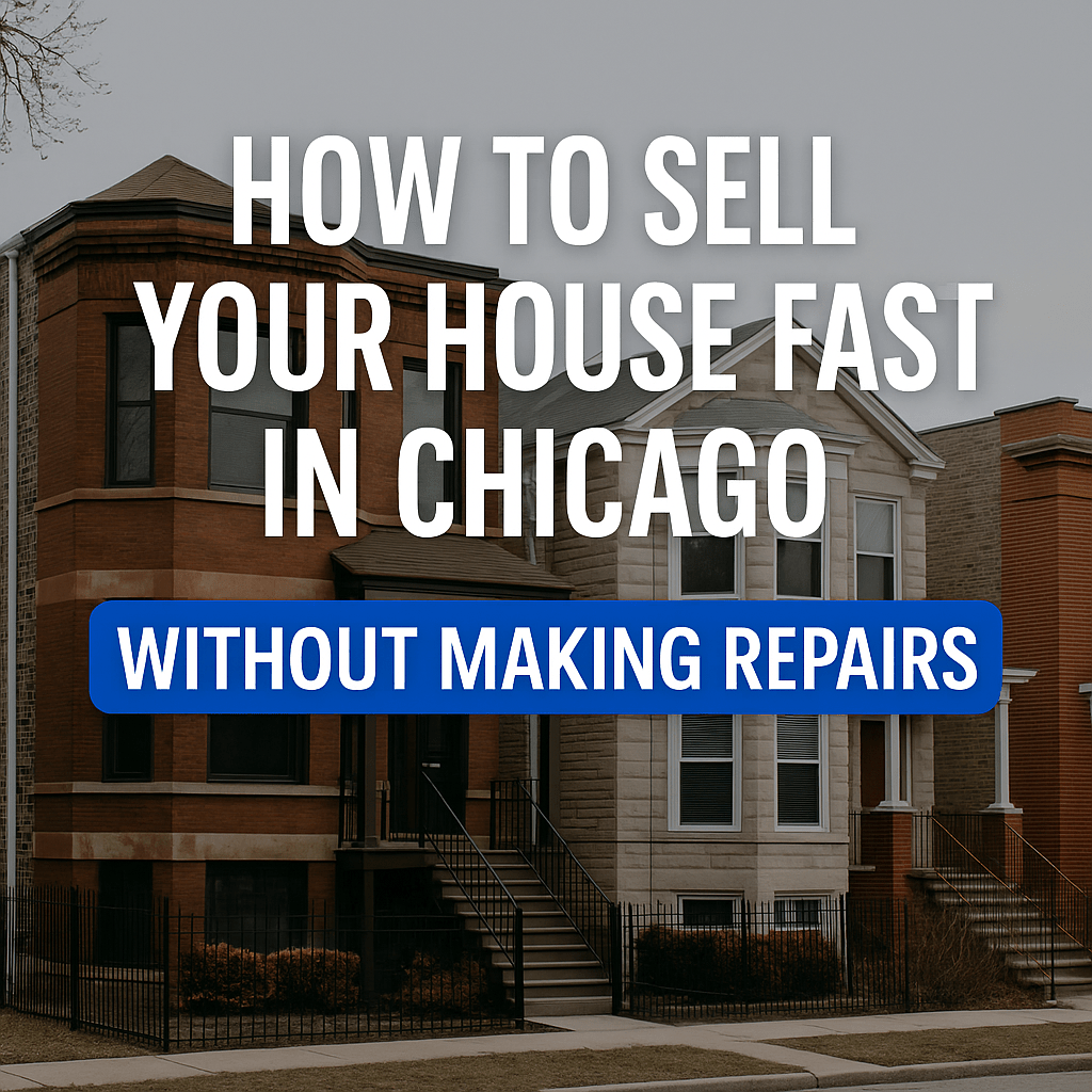 Chicago brick houses with banner text that reads 'How to Sell Your House Fast in Chicago Without Making Repairs'