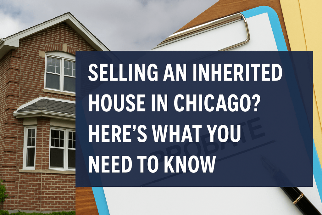 Chicago brick home next to probate documents with overlay text saying 'Selling an Inherited House in Chicago – Here's What You Need to Know'