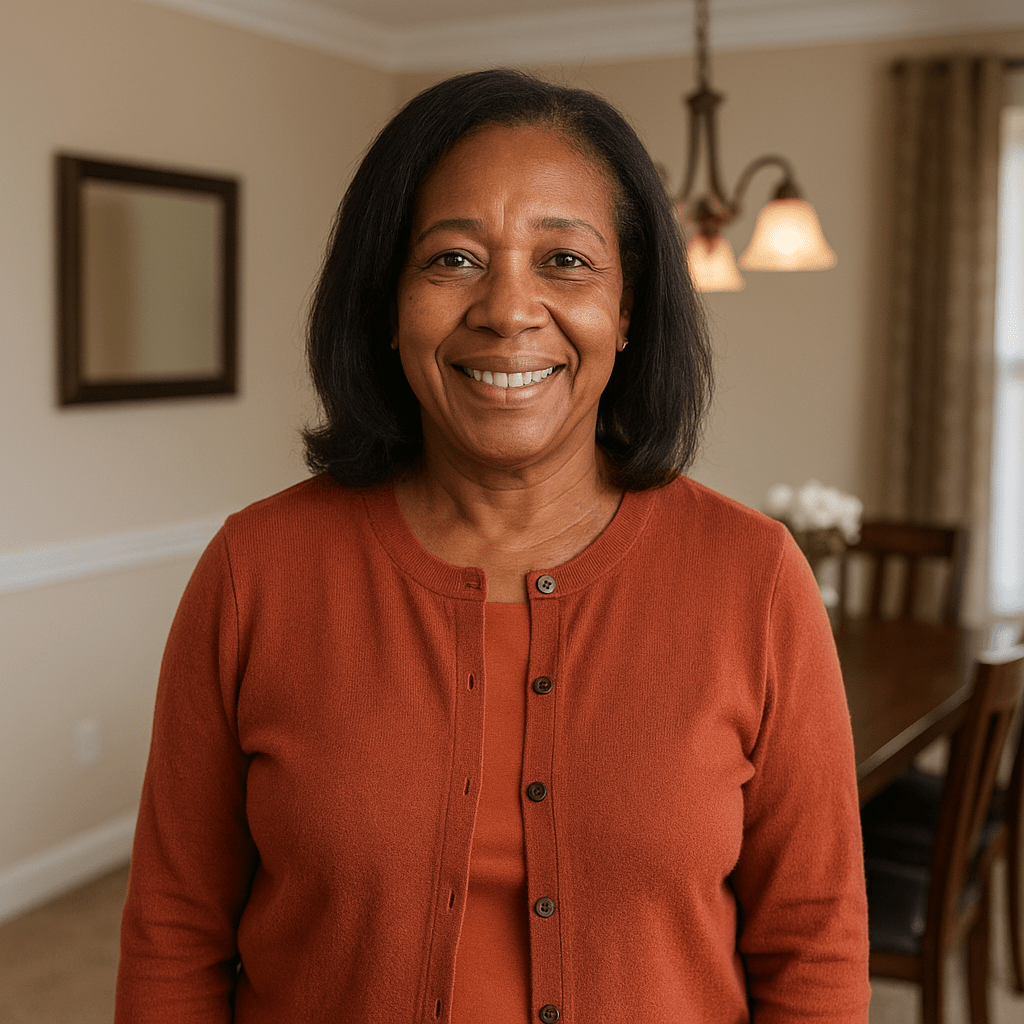 Middle-aged Latina woman smiling in a dining room during home sale process