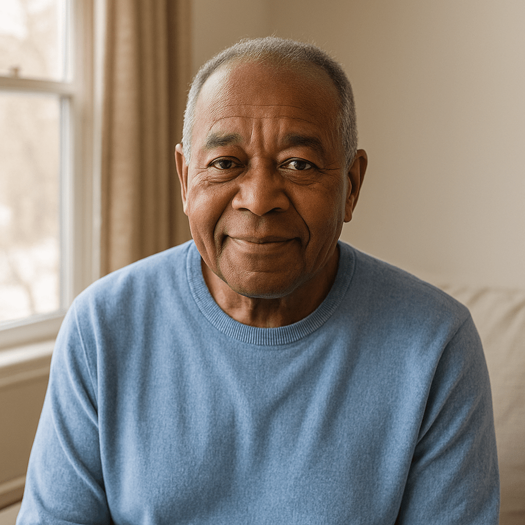 Elderly Black man sitting near window with gentle smile