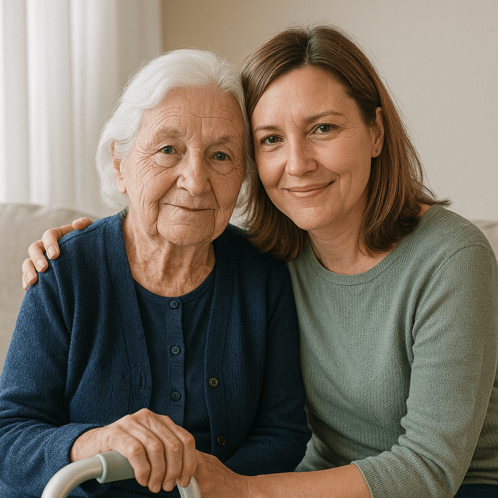 Daughter and elderly mother reviewing paperwork at kitchen table